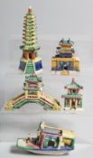 A COLLECTION OF FIVE CHINESE SANCAI GLAZED POTTERY FIGURES, four modelled as different buildings