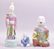 THREE 19TH / 20TH CENTURY CHINESE FAMILLE ROSE PORCELAIN FIGURES, (two af), largest 24cm, smallest