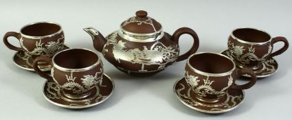 A GOOD CHINESE YIXING TEA SET, comprising a teapot and cover with four cups and saucers, each