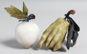 A CHINESE QUARTZ MODEL OF A PEACH, together with a hardstone figure citron, (2).