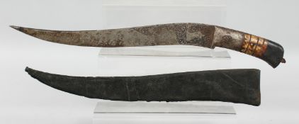 A LARGE INDO PERSIAN STEEL DAGGER AND SCABBARD, the dagger with engraved decoration, 47cm long