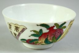 A SMALL CHINESE FAMILLE ROSE PORCELAIN BOWL, decorated with pomegranate and peach with scrolls