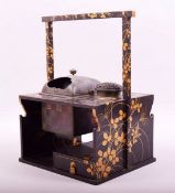 A SUPERB JAPANESE LACQUER SMOKERS CABINET / TABAKO BON, with gilt decoration, the top inset with a