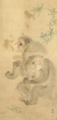 A CHINESE HANGING SCROLL PAINTING ON SILK, depicting monkeys and their young, the bottom right