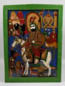 A FRAMED PERSIAN REVERSE GLASS PAINTING, depicting a figure on horseback surrounded with various