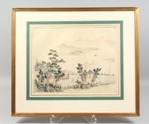 A CHINESE FRAMED PAINTING ON SILK, depicting a landscape scene with mountains beyond, framed and
