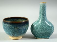 A SMALL CHINESE FUR GLAZE POTTERY TEA BOWL, together with a small crackle glaze vase, (2).