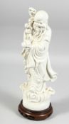 A 20TH CENTURY CHINESE BLANC-DE-CHINE FIGURE OF SHOU-LAO mounted to a fitted hardwood stand. 34.