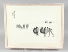 ATTRIBUTED WU ZUOREN, A PAINTING OF A LANDSCAPE SCENE WITH CAMELS ON PAPER, inscribed upper left and