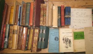 TRAVEL: box of misc classic exploration books, mostly incomplete, from the 'book hospital' of a