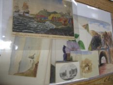 WATERCOLOURS, prints etc., portfolio of misc. watercolours, sketches, prints, together with two maps