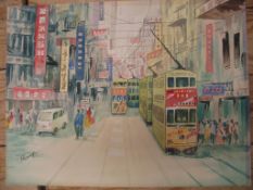 HONG KONG, original watercolour of a Wan-chai street scene with trams, circa 1960's / 70's.
