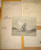 CANADA, BARBADOS, SOUTH AMERICA, group of manuscript maps and sketches from a ship's log (HMS
