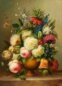 T. Fairfax (20th Century) A still life of flowers on a marble ledge, oil on panel, signed, 12