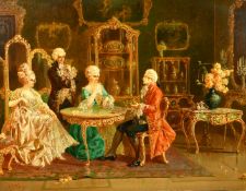 Raffaele Zeloni (19th/20th Century) Italian, elegant figures courting in a Rococo interior, oil on