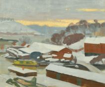 Mid-20th Century, probably Scandinavian School, barges in a winter landscape at dusk, oil on