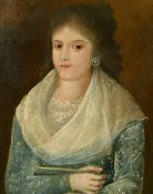 19th Century English School, Half-length portrait of lady holding a fan, oil on canvas, 22