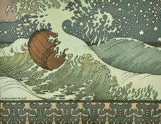 Ivan Bilibin, An illustration for a fairy tale, a barrel in a stormy sea, text verso,