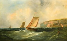 Late 19th Century English School, sailboats rounding headland, oil on canvas, indistinctly signed,