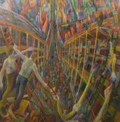 Sarah Perritt (20th Century) Colourful figures with ladders and a chair, oil on canvas, signed and