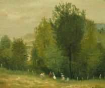 Robert Pernioux, Circa May 1943, Belgian School, elegant figures in a tree lined landscape, oil on