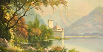 20th Century French School, A view of a castle on a mountain lake, oil on canvas, indistinctly