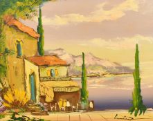 20th Century French School, a Southern coastal scene with figures at a restaurant, oil on canvas,