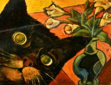 French School, circa 1951, a still life study of a cat and flowers, oil on canvas, 10.5