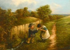William Bromley (1769-1842) British, Children drinking from a cup by a brook, oil on canvas, signed,
