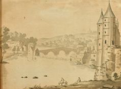 French School (c.1750) A view of the Ch teau de Josselin, Brittany, pen and ink, titled and