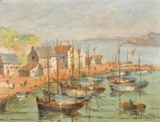 Henri Barqin, 20th Century French School, a view of fishing boats in a port, oil on panel, signed,