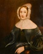 19th Century English School, Portrait of a seated lady in a bonnet, oil on canvas, 29