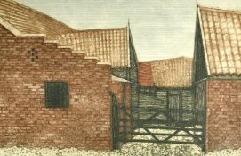 Valerie Thornton (1931-1991) 'Nedging', a view of buildings, etching and aquatint, inscribed,
