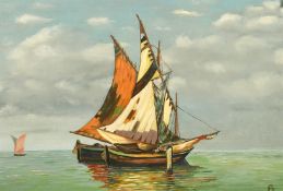 Mid-20th Century Continental School, a view of old fishing boats moored at sea, oil on board, signed