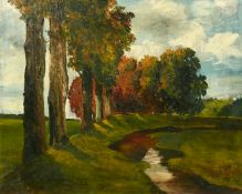 20th Century French School, an autumnal river landscape, oil on canvas, indistinctly signed, 23.5