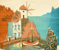 Constantine Grammatopoulos (20th Century) A moored sailing boat by a building, limited edition block