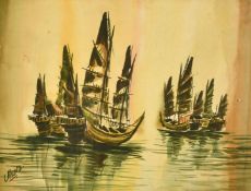 South East Asian School, Junks at Sea, watercolour, indistinctly signed, 10