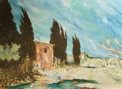 Mid-20th Century French School, a pathway in a Southern Landscape, oil on canvas, indistinctly