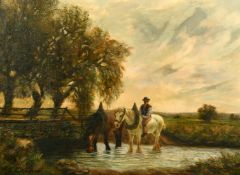 John C. Gray (1880-1951) Scottish, figure and horses crossing a river, oil on canvas, 16
