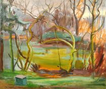 Phyllis Bray, Trees by a lake, oil on canvas, signed with initials, 20