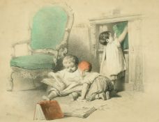 Jules David, A 19th Century hand coloured lithograph, The young Bibliophiles, 5.75