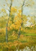 Manner of Ivan Shishkin, A treelined pond with a village beyond, oil on board, indistinctly signed