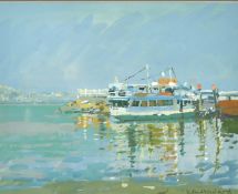Ken Howard (b. 1932) British, 'The Dead Sea', a ferry boat moored at a quay, gouache on paper,