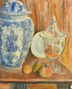 A Loncz, Circa 1949, an unframed oil on board still life of mixed objects, signed and dated, 20.5