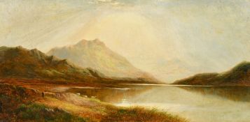 John Leslie (19th Century), British, figure and sheep by a mountain lake, oil on canvas, signed,