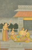 A good Indian miniature painting on paper of a courting couple with attendants, 11.5
