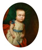 B. Hudson, 19th Century English School, A scene of a sleeping child holding a rattle, painted as