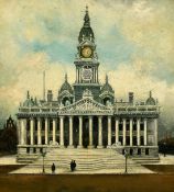 Circle of Arthur Delaney, Figures outside a municipal building, possibly Portsmouth Guildhall, oil
