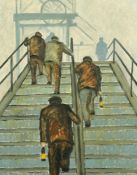 20th Century, 'Cornish pit gantry', men climbing stairs, oil on canvas, inscription verso, 20