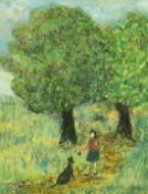 English School 20th Century, A girl and dog beneath trees, mixed media, signed Clarke and dated '34,